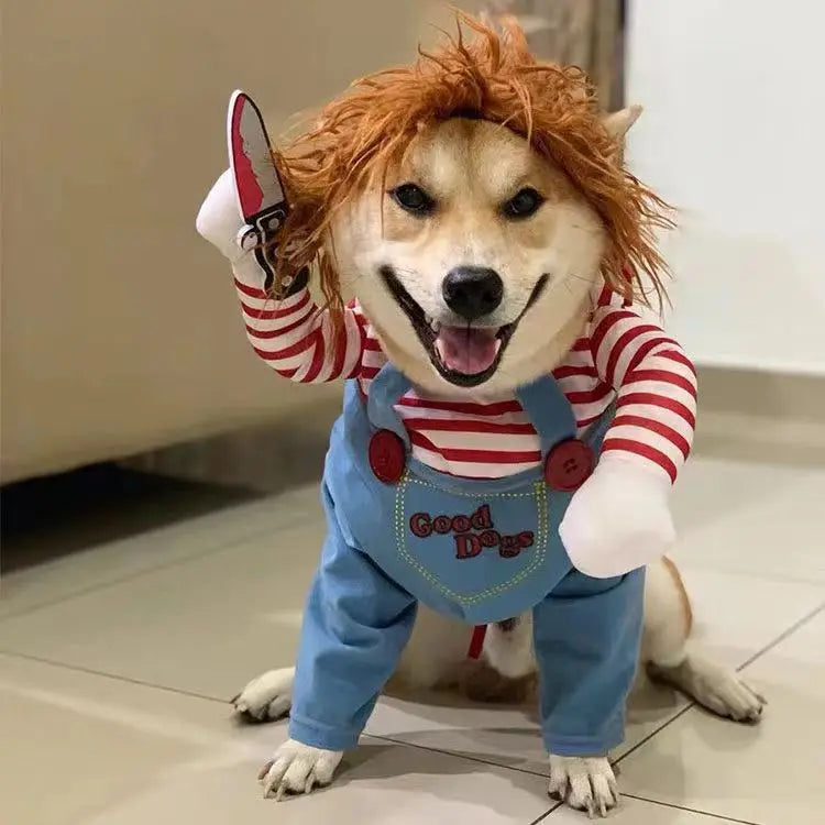 Chucky Dog Costume – Spooky Halloween Pet Outfit with Wig & Knife